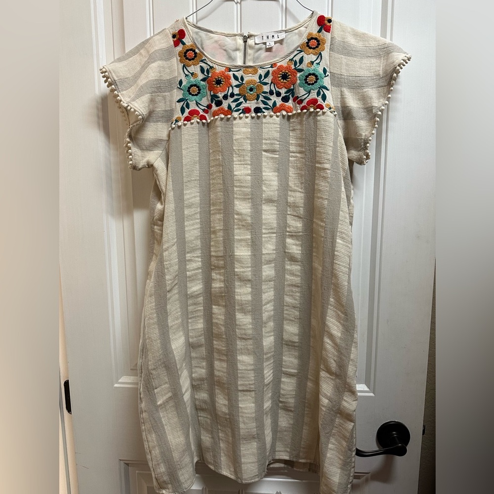 Roolee L short sleeved dress, floral embellishment, vertical stripes
